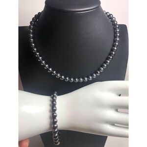 1598 Vtg Hematite bead necklace & stretch bracelet Sterling 925 magnet clasp 17"